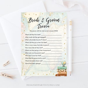 Editable Bride and Groom Trivia Bridal Shower Game Travel Adventure Gold Confetti What Did He or She Said Download Corjl Printable 0263