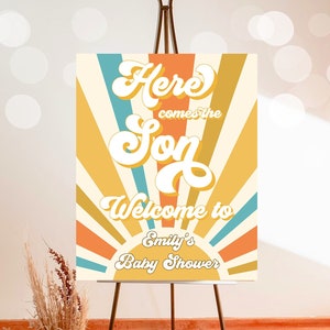 Editable Baby Shower Welcome Sign Sunshine Shower Here Comes the Son Welcome Poster Boy Retro Groovy Decor Digital Template Printable 0457