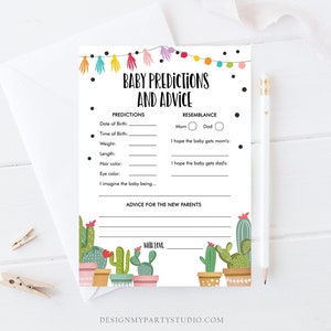Prédictions de bébé modifiables Jeu de conseils pour les parents Cactus Fiesta Succulent mexicain Taco Bout Corjl modèle imprimable 0254