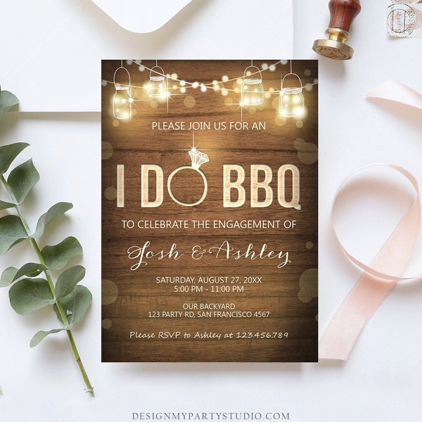 Editable I Do BBQ Invitation Couples Shower Invite Engagement Party Rustic Wood Lights Jars Download Printable Template Corjl Digital 0015