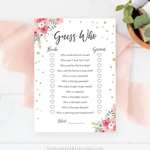 Bearbeitbares Guess Who Brautparty Spiel Blumen Braut Bräutigam sagte Hochzeit Dusche Aktivität Blumen Rosa Gold Digitale Vorlage Printable 0030