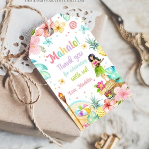 Étiquette de cadeau tropicale modifiable Aloha Hawaiian, fête d&#39;anniversaire de Luau, étiquettes de remerciement Mahalo, modèle Corjl fille pastel imprimable 0413