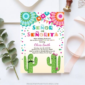 Bewerkbare Señor of Señorita gender Reveal uitnodiging Fiesta jongen of meisje cactus Mexicaanse Senor Senorita blauw roze confetti Corjl sjabloon 0045
