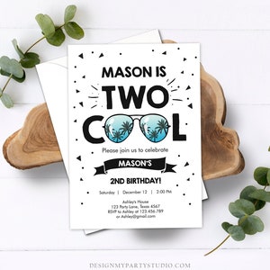 Editable Two Cool Birthday Invitation Boy Second Birthday Party 2nd I'm this Many I'm Two Cool Sunglasses Palm Printable Corjl Template 0136 image 1