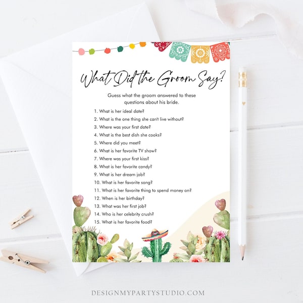 Editable What Did The Groom Say About His Bride Bridal Shower Game Cactus Fiesta Mexican Coed Shower Wedding Activity Corjl Template 0404