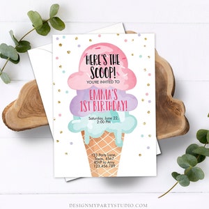 Editable Ice Cream Birthday Invitation First Birthday Party Here's the Scoop Cone Pink Mint Gold Purple Printable Template Corjl 0243 image 1