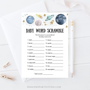 Editable Word Scramble Baby Shower Game Word Search Outer Space Planets Houston We Have a Boy Rocket Activity Corjl Template Printable 0357