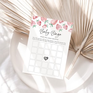 Editable Baby Bingo Game Strawberry Baby Shower Game Baby Coed Sprinkle Strawberries Pink Instant Download Corjl Template Printable 0399