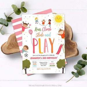 Editable Playground Birthday Invitation Party In The Park Girl Pink Run Climb Slide and Play Download Printable Template Corjl Digital 0327