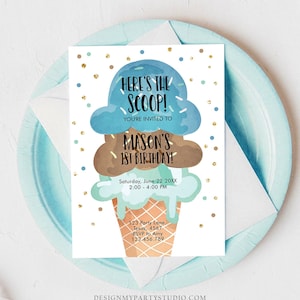 Bearbeitbare Eis-Geburtstags-Einladung Erste Geburtstagsfeier Hier ist die Schaufel Cone Blue Mint Chocolate Boy Corjl Template Printable 0243