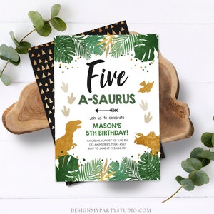Editable Five-A-Saurus Birthday Invitation ANY AGE Dinosaur Dino Party Boy 5th Fifth Birthday Green Gold Corjl Template Printable 0146