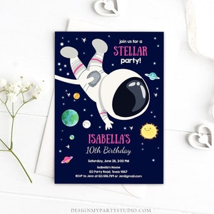 Editable Girl Space Birthday Party Invitation Outer Space Galaxy Planets and Stars Girly Download Printable Template Digital Corjl 0259