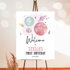 Editable Outer Space Birthday Welcome Sign 1st Birthday Girl Pink Galaxy Planets Trip Around the Sun Silver Template PRINTABLE Corjl 0357