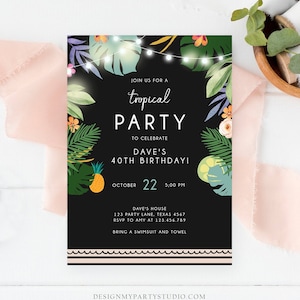 Editable Tropical Birthday Invitation Tropical Party Adult Birthday Man Woman Palm Leaves Hawaiian Download Printable Template Corjl 0183