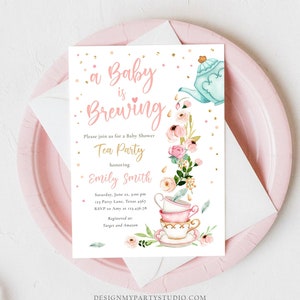 Editable Tea Party Baby Shower Invitation Tea Shower Sprinkle Floral Pink Gold Blush Brunch Bubbly Download Corjl Template Printable 0349