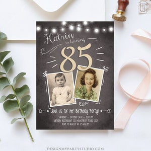 Editable 85th Birthday Invitation ANY AGE Chalkboard Rustic Adult Eighty Five Photo Vintage Fifth Jubilee Anniversary Corjl Template 0230