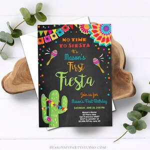 Editable First Fiesta Birthday Invitation Let&#39;s Fiesta No Time To Siesta Cactus Mexican Boy Samba Download Corjl Template Printable 0045