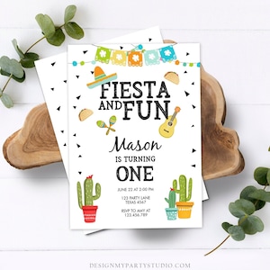 Editable Fiesta and Fun Birthday Invitation Boy First Fiesta Cactus Sombrero Blue Instant Download Printable Invitation Template Corjl 0161