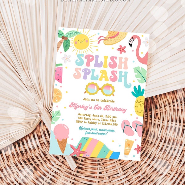 Editable Splish Splash Birthday Invitation Pool Party Girl Summer Waterslide Water Party Pink Download Printable Invite Template Corjl 0465