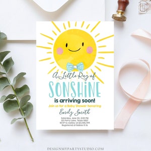 Invito per baby shower modificabile A Ray of Sonshine Little Sunshine Blue Yellow Boy Invite Template Download immediato Digital Corjl 0141