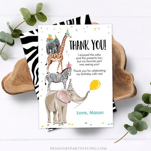 Bewerkbare bedankkaart Feestbeesten bedankbriefje wilde safaridieren jongen Jungle Zoo Afdrukbare sjabloon downloaden Digital Corjl 0142