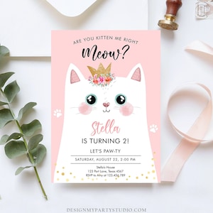 Editable Kitten Birthday Invitation Kitty Cat birthday Party Cat Invite Are You Kitten Me Pink Girl Download Printable Digital Corjl 0381