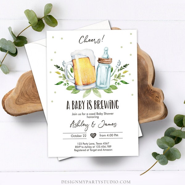 Editable A Baby is Brewing Invitation Bottle and Beers Baby Shower Cheers Coed Couples Shower Download Printable Template Corjl  0190