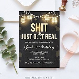 Editable Just Got Real Engagement Party Invitation Couples Shower Rustic Wood String Lights Chalk Download Corjl Template Printable 0015