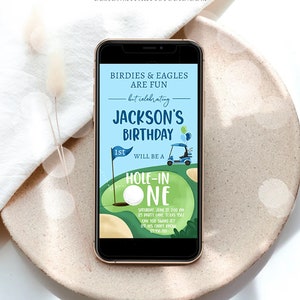 Editable Hole in One Birthday Evite Golf First Birthday Par-tee Golf Invite Boy Golf Download Electronic Phone Template Digital Corjl 0405