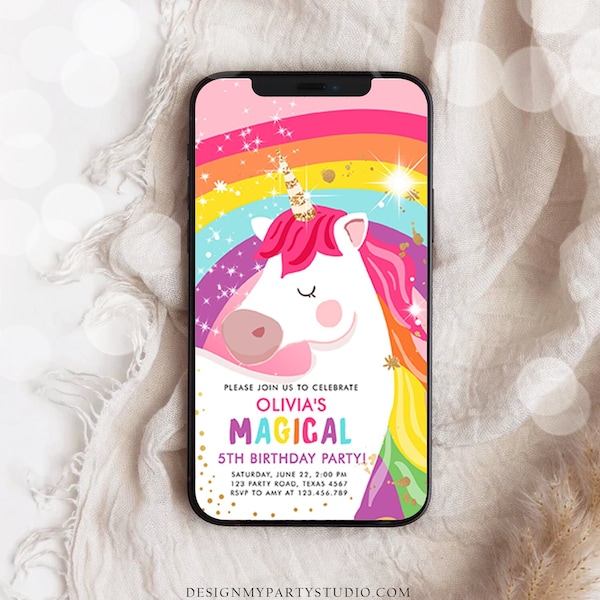 Editable Unicorn Birthday Evite Magical Unicorn Party Girl Pink Gold Unicorn Invitation Rainbow Phone Digital Corjl Template Digital 0323
