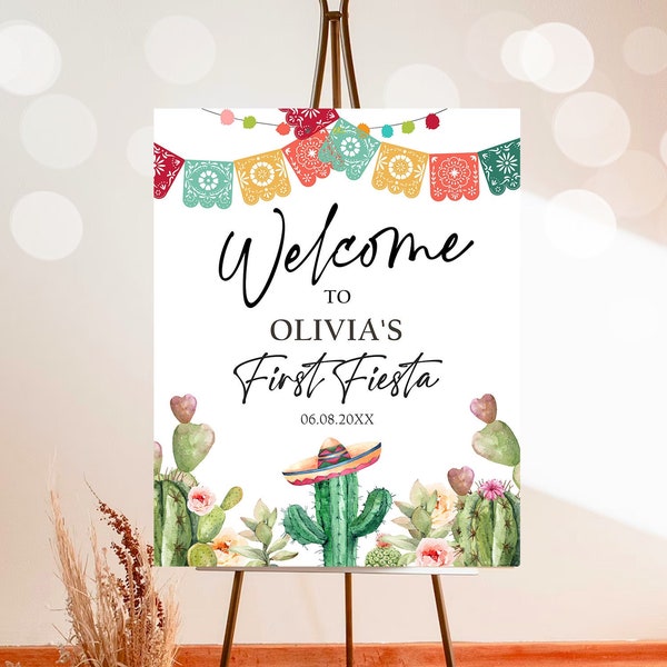 Editable Fiesta Cactus Welcome Sign First Fiesta Birthday Welcome  Desert Mexican Succulent 1st Succulent Corjl Template Printable 0404