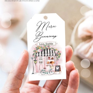 Editable Paris Birthday Favor Tag Merci Beaucoup French Patisserie Parisian Cafe French Baby Shower Gift Tag Digital Corjl Template 0441