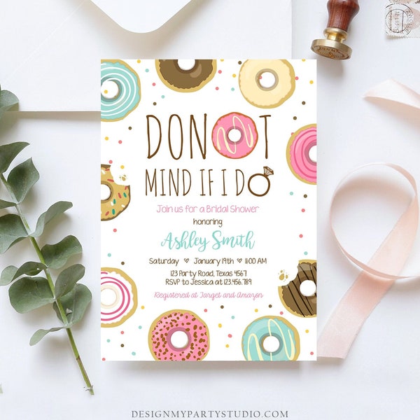 Editable Donut Mind If I Do Bridal Shower Invitation Sweet Pink Teal Ring Doughnut Donut and Diamonds Coed Joined Shower Corjl Template 0050