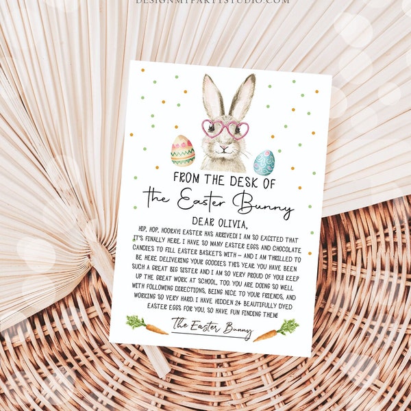 Carta editable del conejito de Pascua Carta de devolución del escritorio de Carta de Pascua Niños Nota del conejito de Pascua Plantilla imprimible personalizada 0449