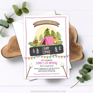 Editable Glamping Party Invitation Camp Out Birthday Invite Bonfire Outdoor Camping Tent Girl Pink Download Printable Template Corjl 0302