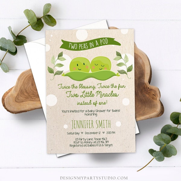 Editable Twin Baby Shower Invitation Two Peas In a Pod Baby Shower Green Neutral Invitation Sweet Pea Template Download Digital Corjl 0020