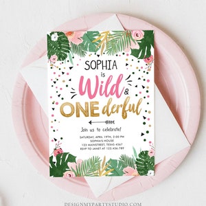 Editable Wild and Onederful Birthday Invitation Girl Wild One Safari Tropical Pink Gold Jungle First Birthday Corjl Template Printable 0332 image 1