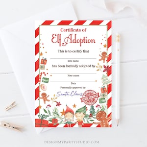 Certificado de adopción de elfo editable Carta de adopción de elfo Actividad de elfo Certificado de elfo navideño Plantilla de Corjl para imprimir en el Polo Norte de Papá Noel 0358