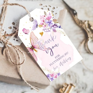Etiquetas de regalo de mariposa editables Etiquetas de agradecimiento de cumpleaños de mariposa Ducha de jardín Chica rosa dorada revoloteando por plantilla floral IMPRIMIBLE 0437