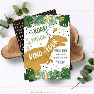 Editable Dino-Four Dinosaur Birthday Invitation Dino T-Rex Boy Fourth Birthday 4th RAWR ROAR Green Gold Prehistoric Corjl Template 0146