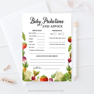 Bewerkbare babyvoorspellingen Babyshower Speladvieskaart Lokaal geteelde boerenmarkt Fruit Groenten Boerderij schuur Corjl-sjabloon Afdrukbaar 0144