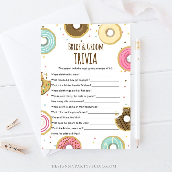 Editable Bride and Groom Trivia Bridal Shower Game Donut Coed Shower Doughnut Mind if I Do Wedding Activity Corjl Template Printable 0050