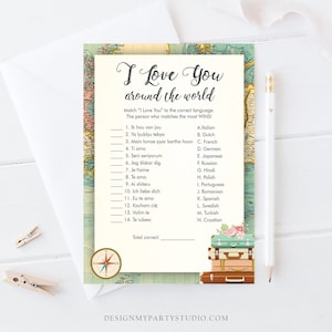 Editable I Love You Around the World Bridal Shower Game Travel Wedding Shower Activity Vintage Map Suitcases Corjl Template Printable 0044