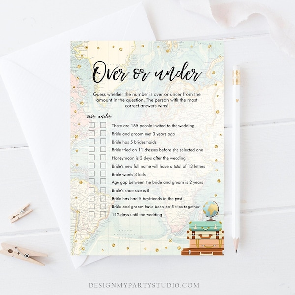 Editable Over or Under Bridal Shower Game Travel More or Less Guess Wedding Shower Activity Vintage Map Party Corjl Template Printable 0263