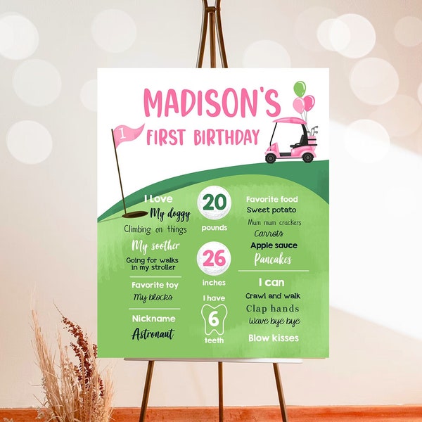 Editable Golf Birthday Milestones Sign Hole in One Golf First Birthday Girl 1st Golf Court Golf Party Pink Template Printable Corjl 0405