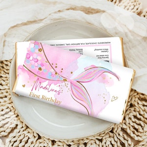 Editable Mermaid Chocolate Bar Wrapper Candy Bar Label Mermaid Tail Girl Pink Under The Sea Favor Download Corjl Template Printable 0403