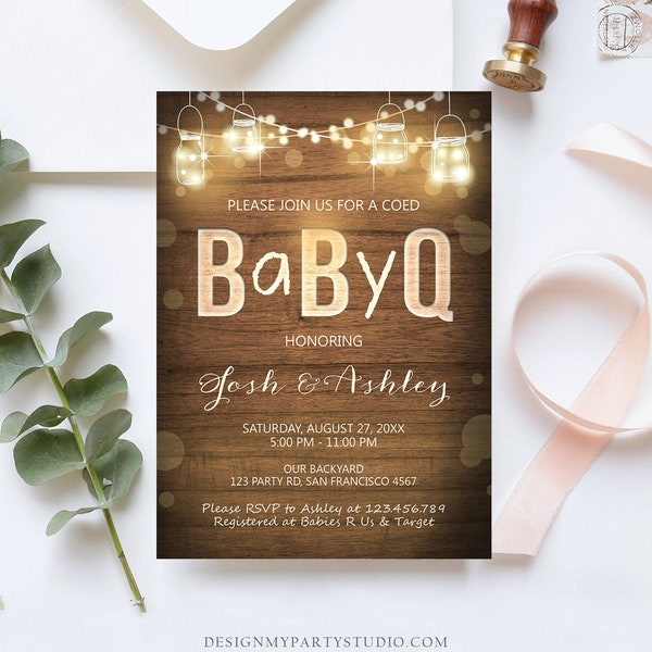 Editable Baby Q Invitation Coed BBQ Baby Shower Rustic Wood Lights Jars Gender Neutral Download Printable Template Digital Corjl 0015