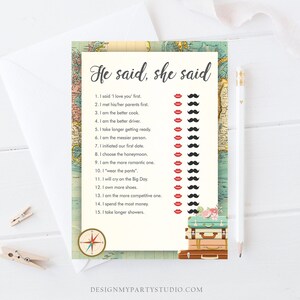 Editable He Said She Said Bridal Shower Game Travel Bride or Groom Wedding Shower Who said it Game Adventure Corjl Template Printable 0044