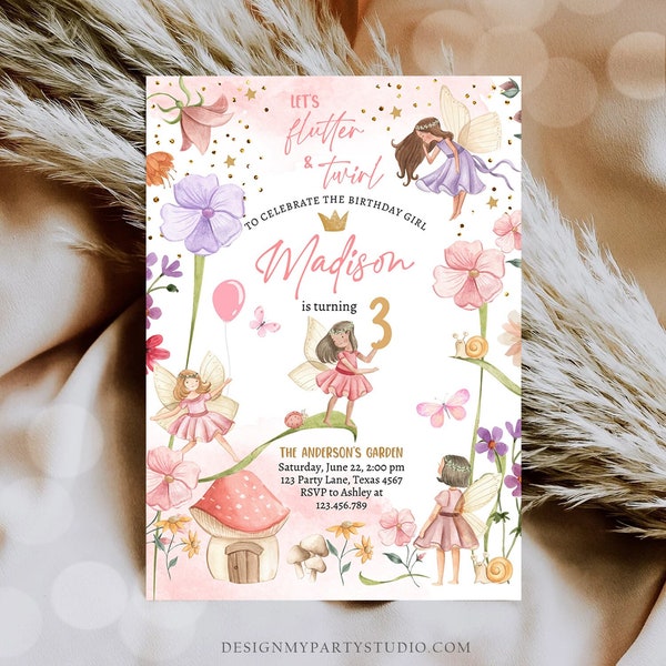 Editable Fairy Birthday Invitation Girl Pink Purple Floral Pixie Fairy Party Whimsical Garden Download Printable Template Corjl Digital 0406