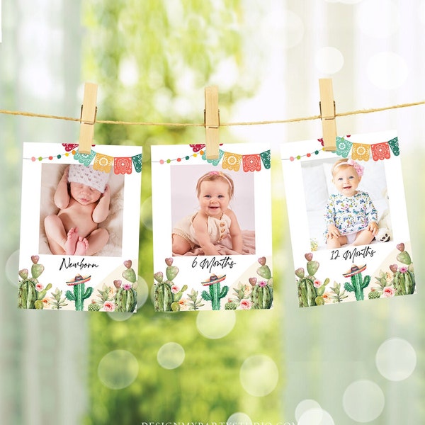 Editable Fiesta Monthly Photo Banner First Birthday Banner Boy Girl Fiesta Birthday Mexican Cactus Desert Decor Summer Corjl Template 0404